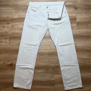 Diesel Jeans Men 34x32 White Straight Leg Button Fly Designer Cotton Denim